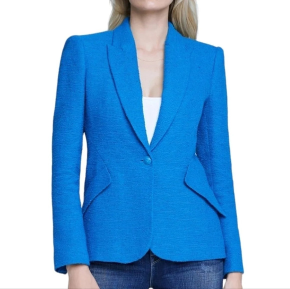 L'Agence Chamberlain Tweed Boucle Blazer Jacket Teal Blue Leopard Print 2 - Picture 1 of 16